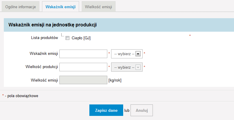 Wprowadzanie danych należy rozpocząć od wybrania z Listy produktów tego produktu, dla którego chcemy scharakteryzować wskaźnik.