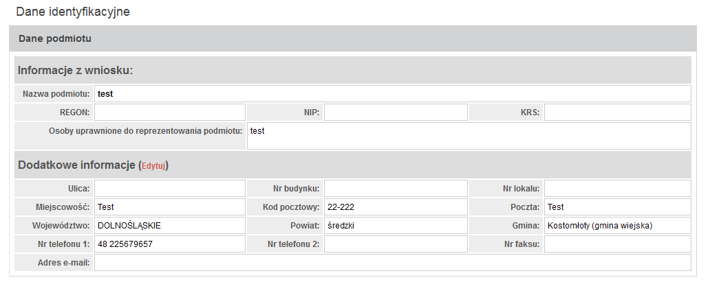 7. DANE IDENTYFIKACYJNE W zakładce DANE IDENTYFIKACYJNE zawarte są: dane podmiotu i zakładu, jakie zostały podane we wniosku o utworzenie konta w Krajowej bazie, a w przypadku dokonania aktualizacji