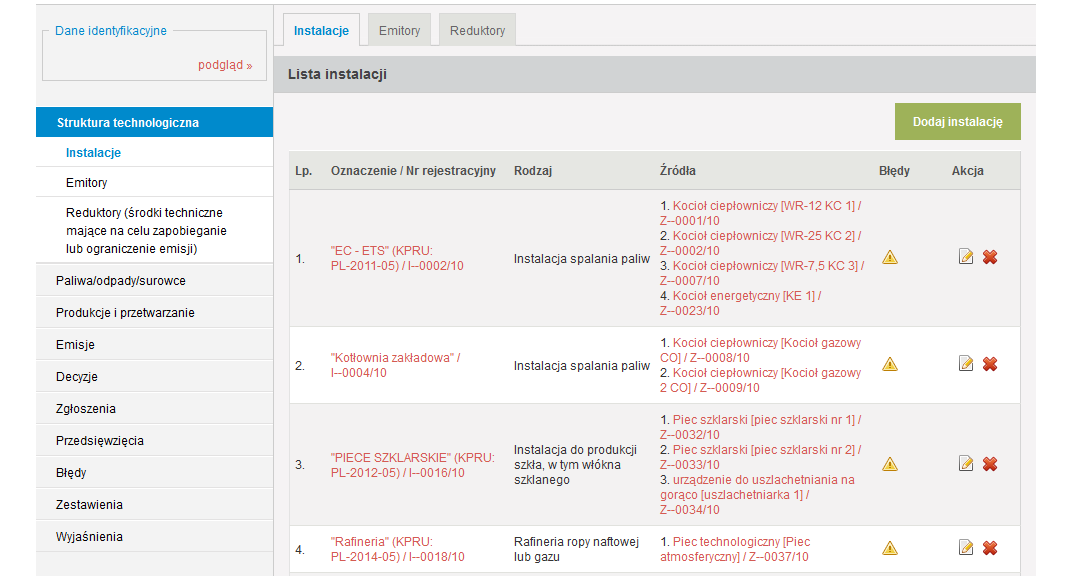 Dodatkowo w menu po lewej stronie widoczne są pozycje BŁĘDY, ZESTAWIENIA oraz WYJAŚNIENIA, w których przedstawiane są odpowiednio: błędy jakie system rozpoznał w raporcie, zestawienia tabelaryczne