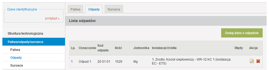 W polu Kod odpadu należy z listy rozwijalnej wybrać kod odpadu zgodnie z przepisami w sprawie katalogu odpadów, dla którego wprowadzane będą kolejne informacje.