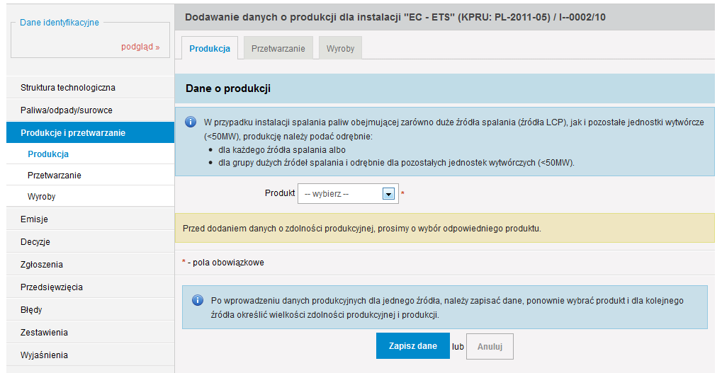 W przypadku instalacji spalania paliw obejmującej zarówno duże źródła spalania (źródła LCP), jak i pozostałe jednostki wytwórcze (< 50 MW), dane dotyczące zdolności produkcyjnej i produkcji należy