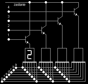 Multipleksowanie - sterowanie Wykorzystanie 11 pinów mikroprocesora do obsługi 4 wyświetlaczy