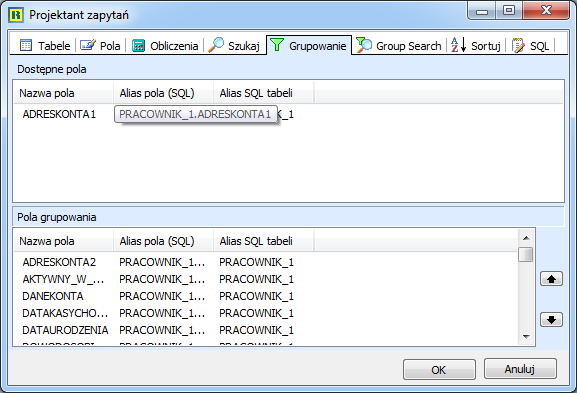 Grupowanie na zakładce tej można wybrać pola, po których pobrane rekordy będą grupowane.