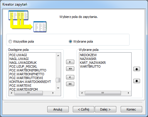 5. Kasujemy, poprzez dwukrotne kliknięcie lewym klawiszem myszy na pozycji w sekcji Pola łączenia, wszystkie pozycje, poza wierszem: KONTRAH.ID_KONTRAH = NAGL_1.ID_KONTRAH i klikamy na przycisk <Ok>.