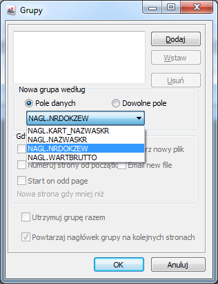 2. Klikamy na <Dodaj>, a następnie <OK>. W zakładce Projektowanie nad i pod obszarem Szczegóły pojawi się obszar nagłówka grupy i obszar stopki grupy. 3.