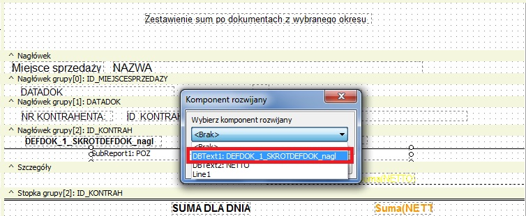 Podgląd wydruku przykładowego zestawienia: przed kliknięciem na numer dokumentu pozycje