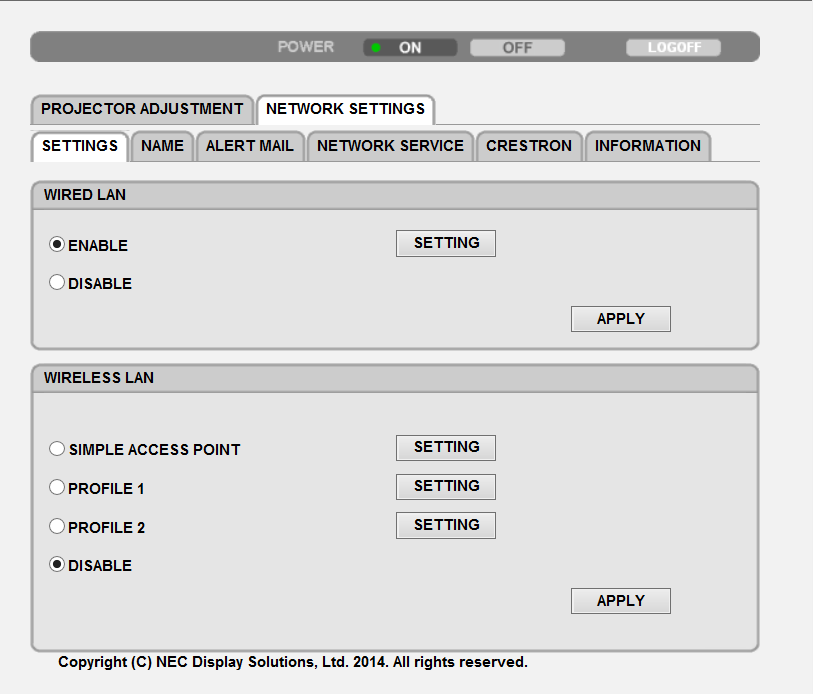 3. Przydatne funkcje NETWORK SETTINGS (Ustawienia sieciowe) SETTINGS (Ustawienia) WIRED (Przewodowe) lub WIRELESS (Bezprzewodowe) SETTING (Ustawienie) APPLY (Zastosuj) DHCP ON (DHCP wł.