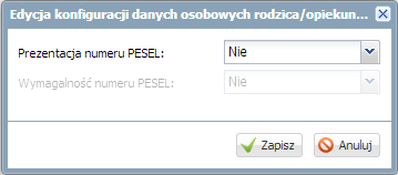 Konfigurowanie systemu Przed rozpoczęciem pracy w systemie musimy zdecydować: czy chcemy gromadzić numery PESEL rodziców/opiekunów prawnych uczniów i czy numer ten jest wymagany, jaki powinien być