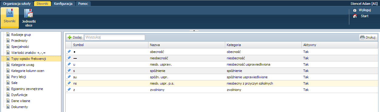 Zarządzanie słownikami Słownik Wartości znaków +,-,= Słownik ten wykorzystywany jest w module Dziennik.