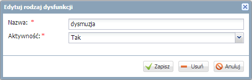 Zarządzanie słownikami Słownik Dysfunkcje W słowniku tym definiuje się rodzaje dysfunkcji. Słownik wykorzystywany jest w module Sekretariat przy rejestrowaniu orzeczeń o dysfunkcjach.