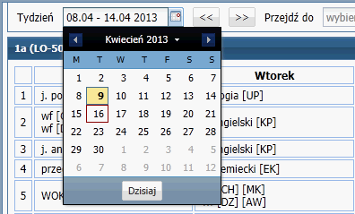 Wprowadzanie planów lekcji oddziałów Pod wstążką znajduje się pasek narzędzi. W polu Tydzień wskazuje się tydzień roku szkolnego (domyślnie ustawiany jest bieżący tydzień).