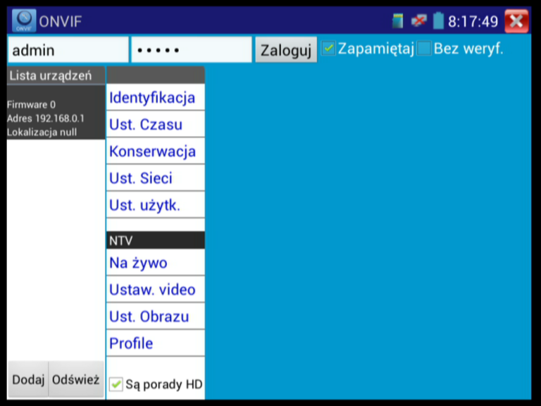 Do logowania służą pola nad listą urządzeń. Wybierając kamerę z tej listy można dokonać wyboru z menu. Kliknij Na żywo by zobaczyć obraz z kamery. Kliknij dwukrotnie w obraz, by powiększyć.