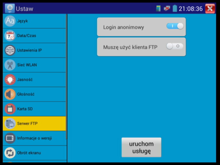 WLAN: Włącza/wyłącza WIFI. Po połączeniu, kliknij dwukrotnie WIFI, aby zobaczyć swój adres IP. Jasność: Daje możliwość zmiany jasności.