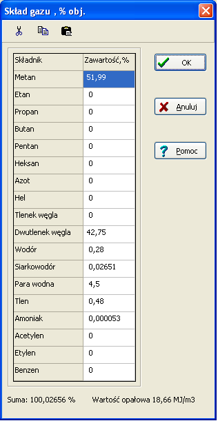 - 11 - Okno składu gazu W przypadku spalania gazu należy podać w tym oknie procentowy skład spalanego gazu.