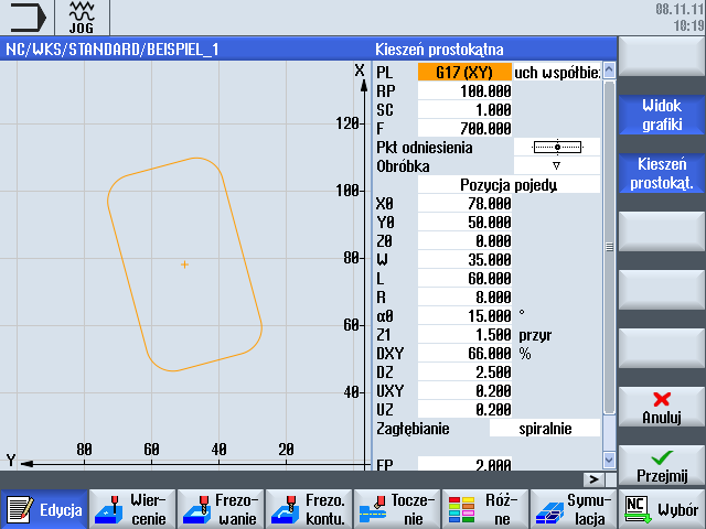 Przygotowanie programu G kodu 7.3 Budowa programu Rysunek 7-3 Okno parametrów z widokiem graficznym bloku programu w kodach G 7.