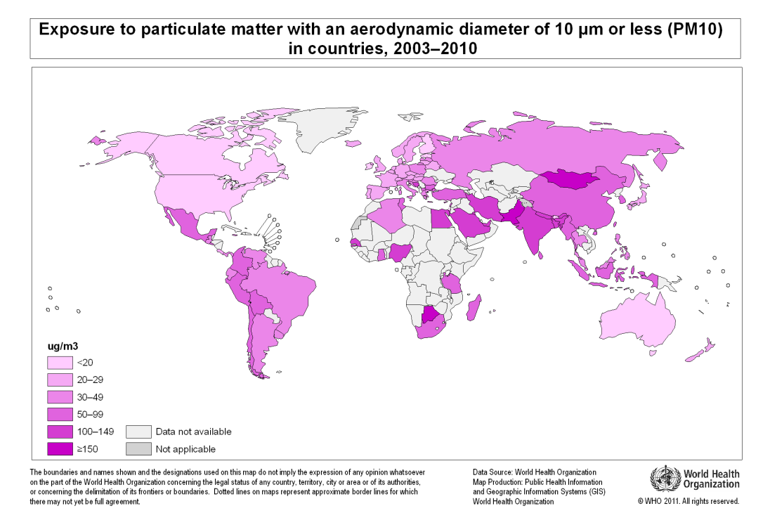 Rys. 21 Świat: Zgonu związany z zanieczyszczenia powietrza, rok 2008, data: 26/Sep/2011 Źródło: Światowa Organizacja Zdrowia. Temat: Środowisko i zdrowie.
