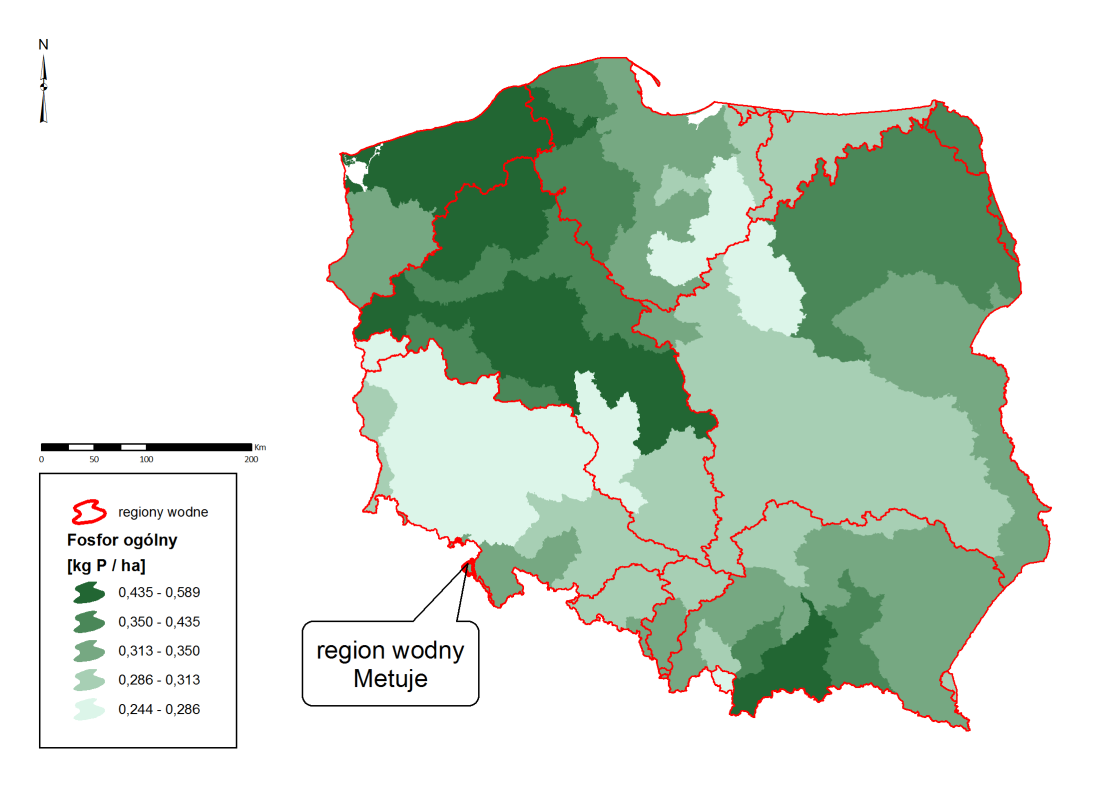 Rysunek 3. Roczne obciążenie powierzchniowe ładunkami fosforu ogólnego *kg P/ha+ wniesionymi przez opady atmosferyczne w 2008 r.