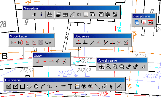 Dostosowanie pasków narzędzi do własnych potrzeb W Opcje paski narzędzi można wybrać które z pasków narzędzi mają być wyświetlane na mapie.