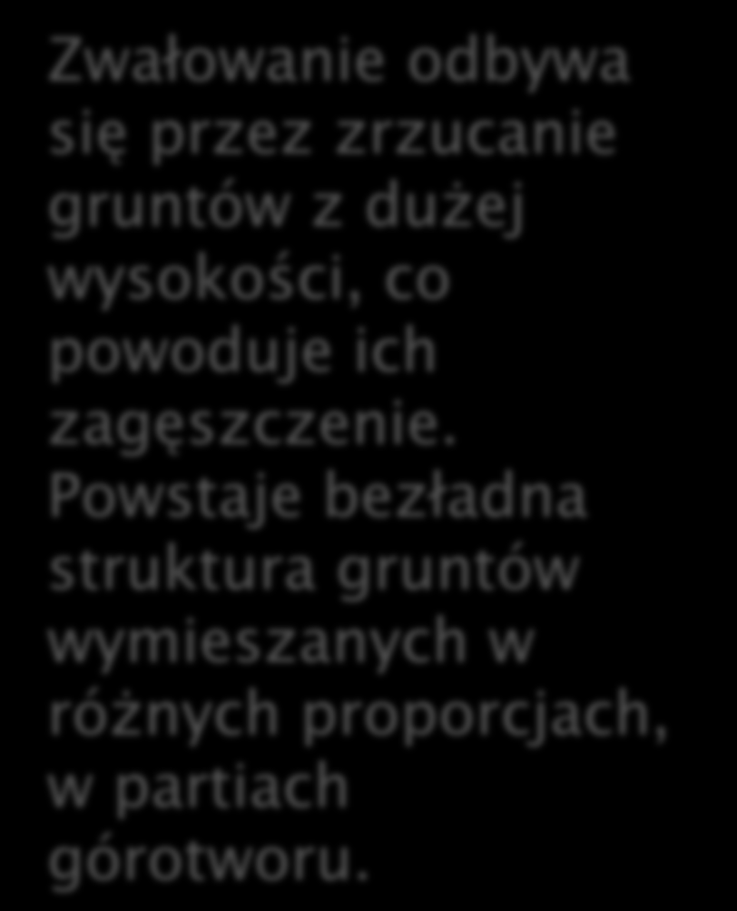 Zwałowanie odbywa się przez zrzucanie gruntów z dużej wysokości, co powoduje ich zagęszczenie.