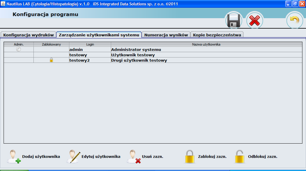 Zarządzanie użytkownikami Zarządzanie użytkownikami dostępne jest na ekranie konfiguracji programu (z ekranu głównego) tylko dla użytkowników z uprawnieniami administratora: Po wejściu do