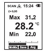 Przyciśnij i przytrzymaj przycisk pomiarowy (5). Ekran wyświetli zmierzoną wartość (7B). Wyświetlona zmierzona wartość odpowiada średniej temperaturze powierzchni IR obszaru pomiarowego IR.