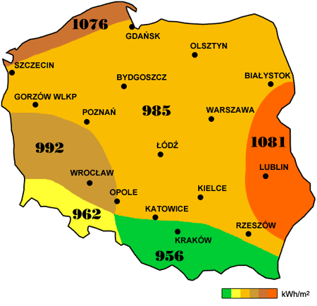 Rysunek 3. Mapa średniorocznych sum nasłonecznienia na terenie Polski Źródło: http://darmowa-energia.prv.