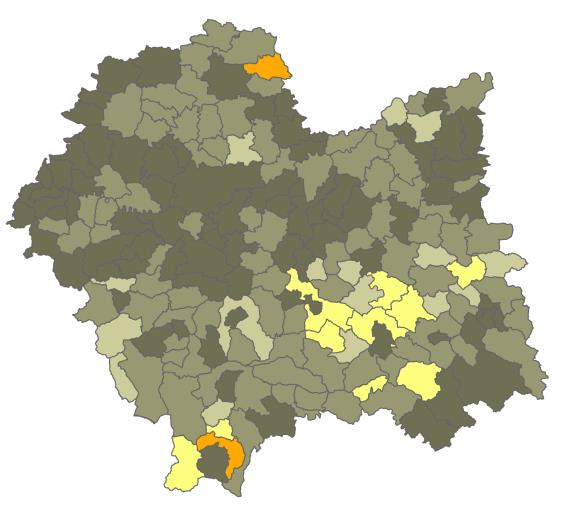 Źródło: opracowanie własna na podstawie danych GUS, Bank Danych Lokalnych Rozkład przestrzenny wyników uczniów na sprawdzianach kończących kolejne etapy edukacji układa się podobnie jak w przypadku