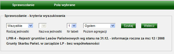 3.3.4 Generowanie raportu dla sprawozdania LPIR-4. Po wybraniu z menu pozycji Zestawienia w prawej części ekranu pojawia się menu poziome: Sprawozdanie, Pola wybrane.