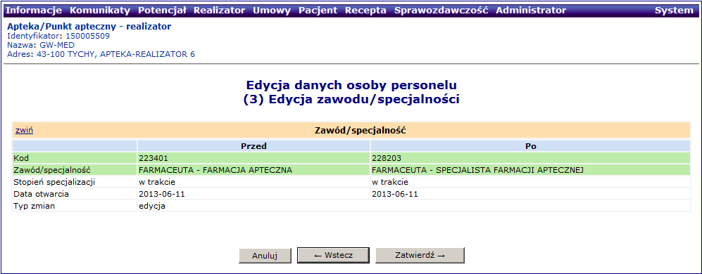 Rys. 4.17 Ręczne przekodowanie zawodu / specjalności przez operatora operator w obu przypadkach musi wskazać właściwe przekodowanie zawodu/specjalności samodzielnie, z dostępnego słownika. 6.