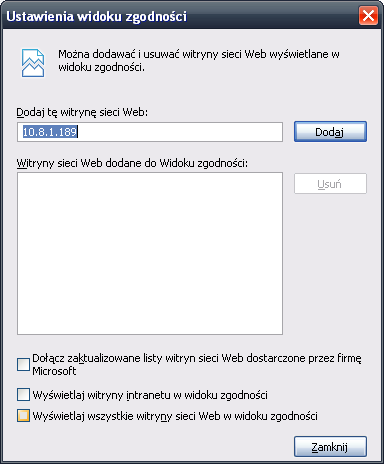 Strona > Ustawienia widoku zgodności Ustawienia widoku zgodności > wszystkie check boxy ODZNACZONE Tryb zgodności wyłączony Tryb