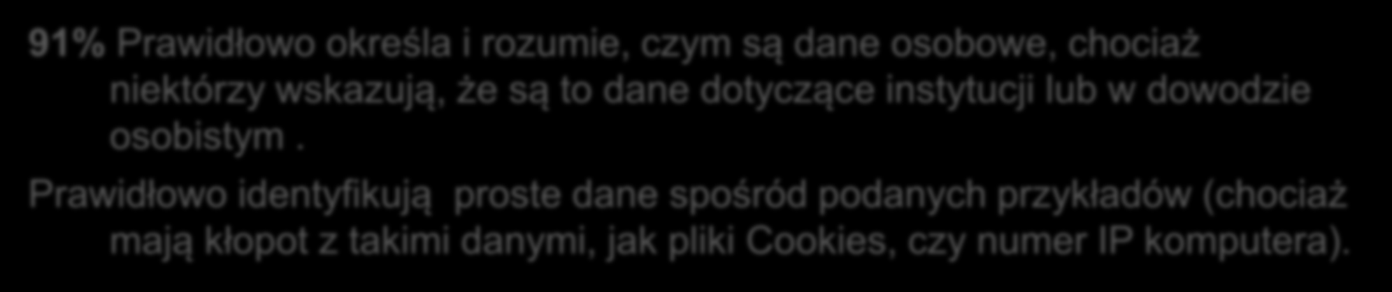 91% Prawidłowo określa i rozumie, czym są dane osobowe, chociaż niektórzy wskazują, że są to dane dotyczące instytucji lub w dowodzie osobistym.