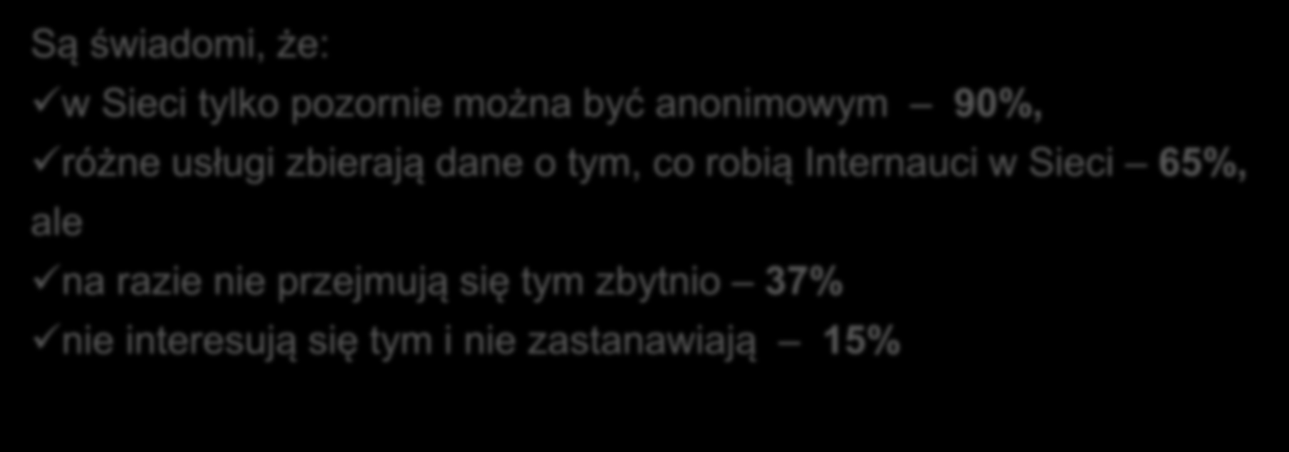 Są świadomi, że: w Sieci tylko pozornie można być anonimowym 90%, różne usługi zbierają dane o tym, co robią