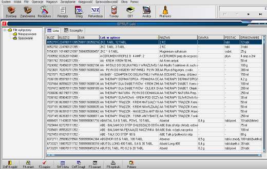 Zarządzanie e-pruf Lista leków Po pobraniu listy leków program automatycznie dopasuje listę leków z bazą apteczną w celu weryfikacji brakujących powiązań naleŝy uruchomić filtr w