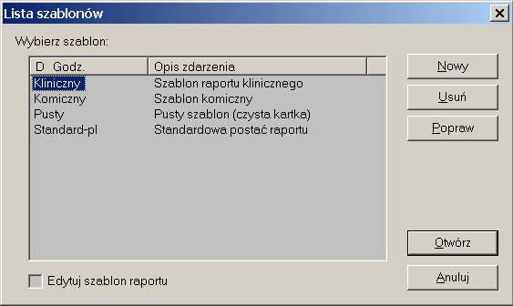 Rys 22. Lista dostępnych szablonów opisu badania Po wybraniu z listy Ŝądanego szablonu naleŝy wybrać klawisz <Otwórz>. Nowy szablon zostanie wczytany. Teraz moŝna dokonywać zmian i modyfikacji np.