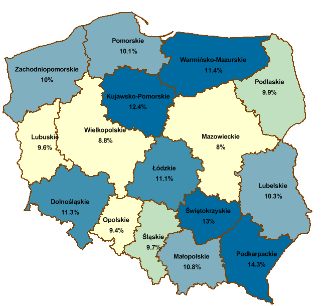 Rys. 13 Wskźnik ztrudnieni osób w wieku 15-64 l. wg województw w 2013 r.