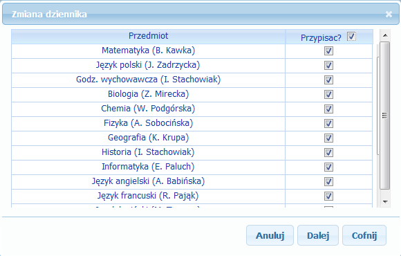 - usunięcia ucznia ze szkoły - zmiany klasy przez ucznia Dodanie nowego ucznia do szkoły W sytuacji dodania nowego ucznia do bazy po zapisaniu jego kartoteki aktualizacja składów dzienników jest