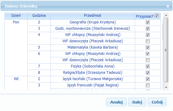 - przypisanie ucznia do godzin planu zajęć, na które będzie uczęszczał system automatycznie zaznaczy wszystkie godziny, a wskazane zostaną konflikty