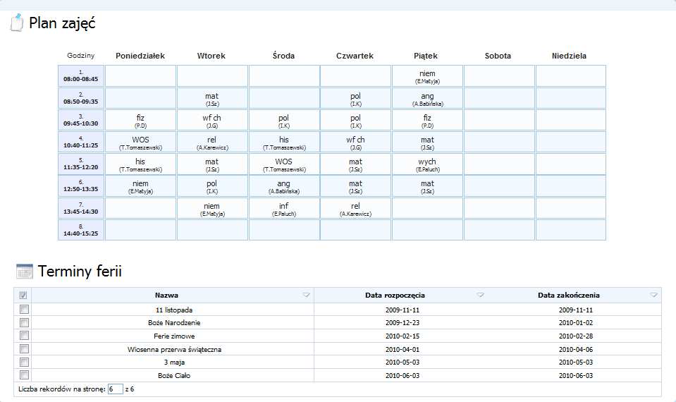 oraz wprowadzone do systemu terminy ferii na aktualny rok szkolny. Rysunek 88. Plan zajęć i terminy ferii.