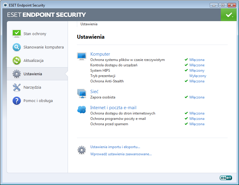 4. Praca z programem ESET Endpoint Security Korzystając z ustawień programu ESET Endpoint Security, można skonfigurować odpowiedni poziom ochrony komputera i sieci.