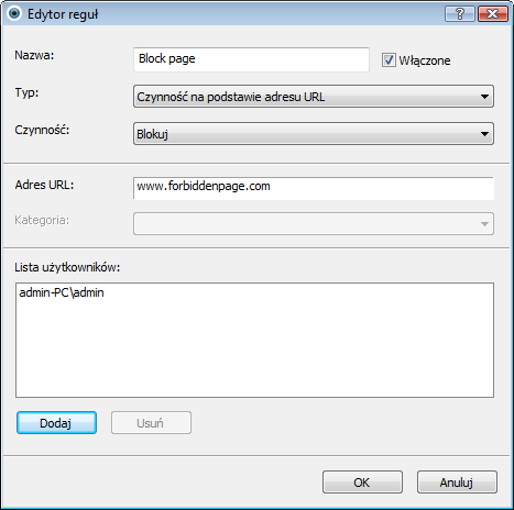 4.4.2 Dodawanie reguł kontroli dostępu do stron internetowych W oknie Reguły kontroli dostępu do stron internetowych można ręcznie tworzyć i modyfikować istniejące reguły dostępu do stron internetowych.