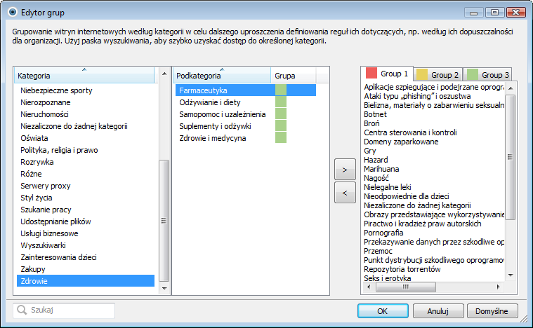 4.4.3 Edytor grup Okno Edytor grup składa się z dwóch części. Prawa część okna zawiera listę kategorii i podkategorii.