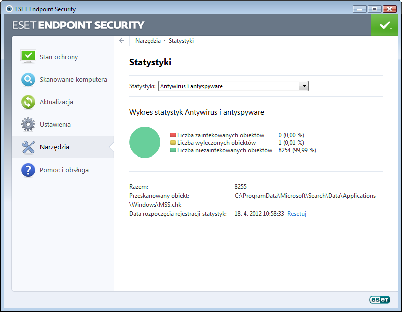 4.6.3 Statystyki ochrony Aby wyświetlić wykres danych statystycznych dotyczących modułów ochrony programu ESET Endpoint Security, należy kliknąć opcję Narzędzia > Statystyki ochrony.