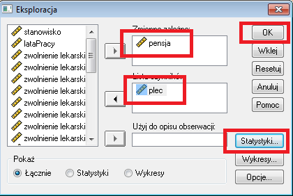 gdzie wybieramy interesujace ¾ nas zmienne oraz statystyki. 2. Wyznaczyć podstawowe statystyki opisowe p acy z podzia em na stanowisko.