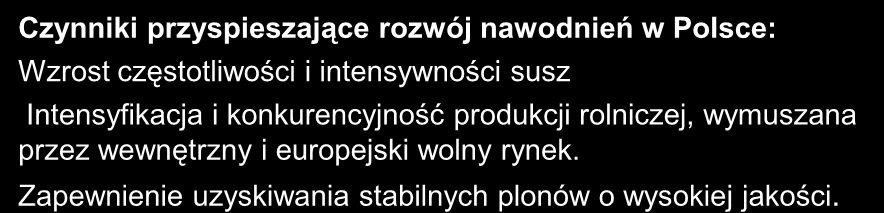 PRZEWIDYWANY ROZWÓJ NAWODNIEŃ W POLSCE Czynniki przyspieszające rozwój nawodnień w Polsce: Wzrost częstotliwości i intensywności susz Intensyfikacja i konkurencyjność produkcji rolniczej, wymuszana