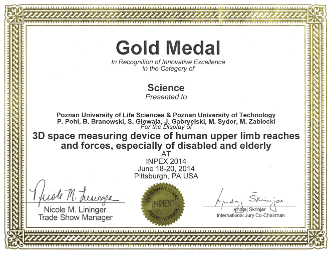 Dyplom potwierdzający przyznanie naukowcom z Wydziału Technologii Drewna złotego medalu w kategorii Nauka na