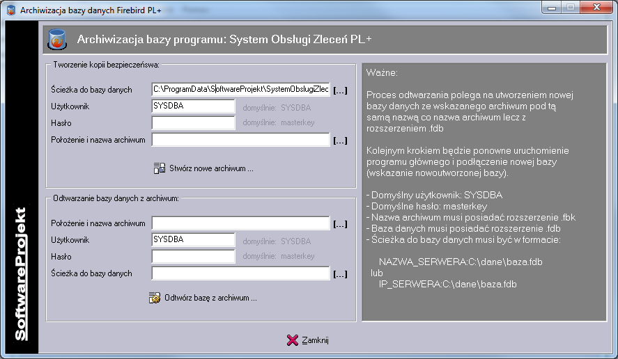 Aby utworzyć archiwum należy wskazać ścieżkę do bazy danych (zostanie ona automatycznie ustawiona na bieżącą bazę podłączoną do programu), login i hasło dostępu do bazy danych (domyślnie jest to