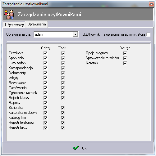 W menu Program -> zarządzanie użytkownikami znajduje się mechanizm dodawania nowych użytkowników, zmiany opisu oraz hasła dla już istniejących, a także mechanizm definiowania uprawnień dla wskazanych
