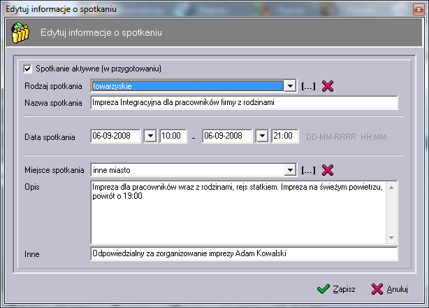 Opis znaczenia poszczególnych pól: Nazwa pola O Rodzaj Komentarz Zaznaczając to pole informujemy program, iż spotkanie nie odbyło się do tej pory.