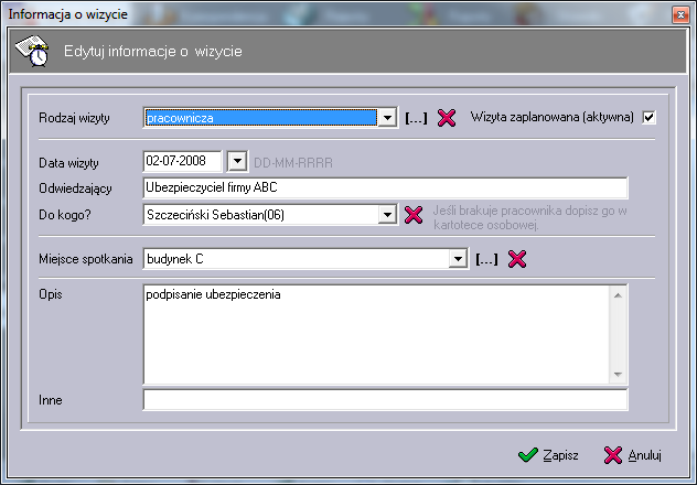 Opis znaczenia poszczególnych pól: Nazwa pola Rodzaj Komentarz rodzaj wizyty słownik wizyta zaplanowana (aktywna) pole wyboru Rodzaj wizyty wybierany ze słownika.