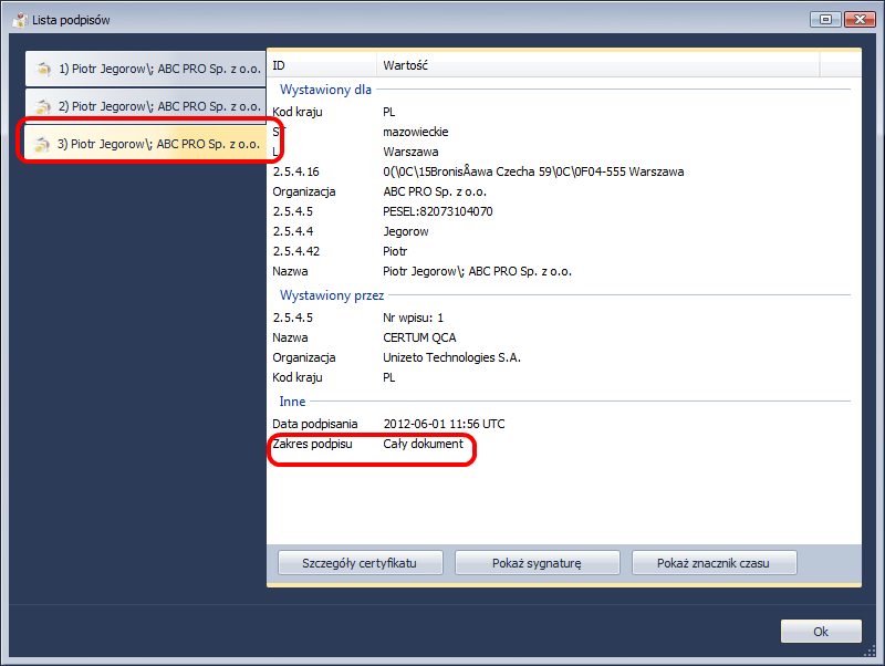 W informacjach o podpisie pojawi się zakładka z kolejną osoba podpisującą, przy czym przy pierwszych dwóch osobach nadal mamy informacje,